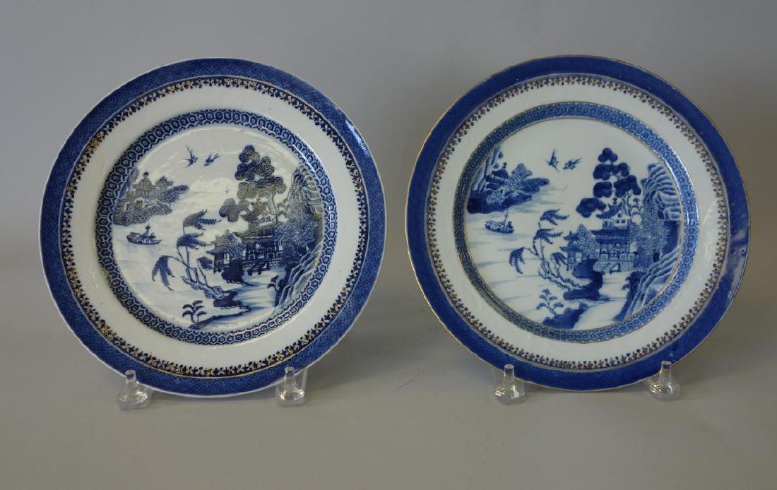 19thc Chinese Nanking Porcelain Plates, Pair: A pair of Chinese "Nanking" porcelain plates. Early 19th century. Decorated in underglaze blue and white with remnants of overglaze gold enamels added to the borders. Each measuring approximately 9-5/