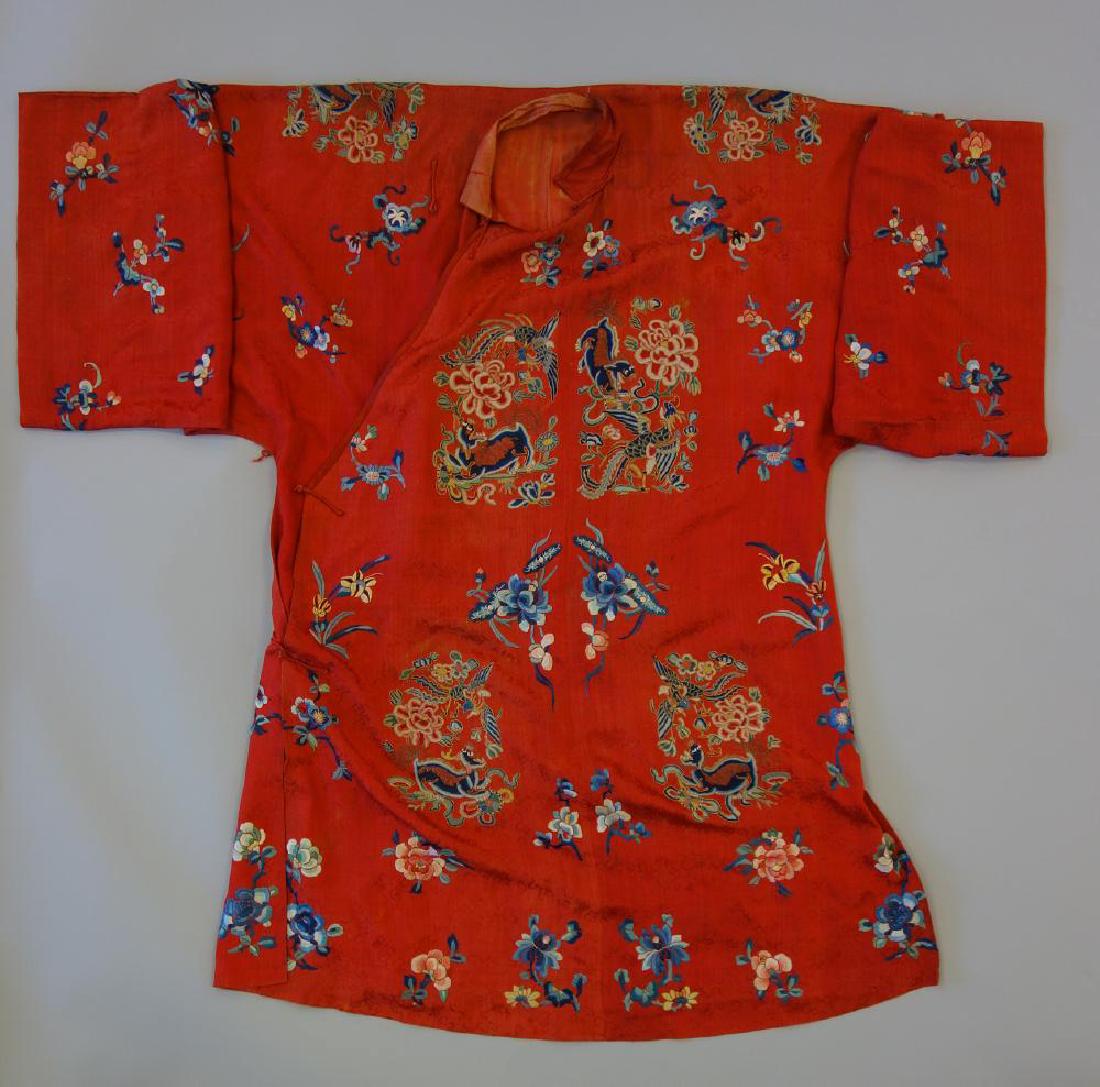 Chinese Embroidered Silk Robe, Foo Dogs & Flowers (1 of 3)