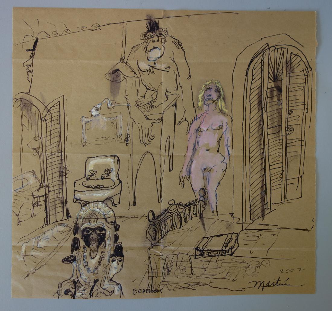 James Martin (WA, b-1928) Bedroom Nude: James Martin (Washington, b-1928) gouache and ink on paper, titled "Bedroom". Whimsical painting / drawing depicting figures, including a nude female within a bedroom setting. Signed lower right and d