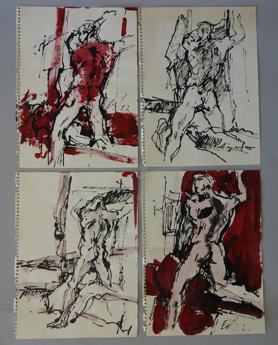 Eugene Pizzuto (1925-2004) 4 Male Nude Paintings: A set of 4 male nude paintings / drawings on paper by Eugene Pizzuto (Washington, 1925-2004). Ink and oil on paper, each sheet measuring 12" x 9". One sheet signed by the artist and dated 83.