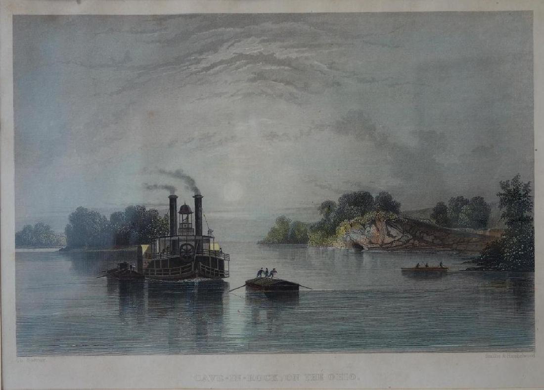 Karl Bodmer (1809-1893) Cave In Rock On The Ohio: Framed hand colored aquatint engraving after Charles Karl Bodmer (1809-1893). Titled: Cave-In-Rock, On The Ohio. Published by Smillie & Hinshelwood. The image measures 4.75" x 7-3/8". Framed and matte