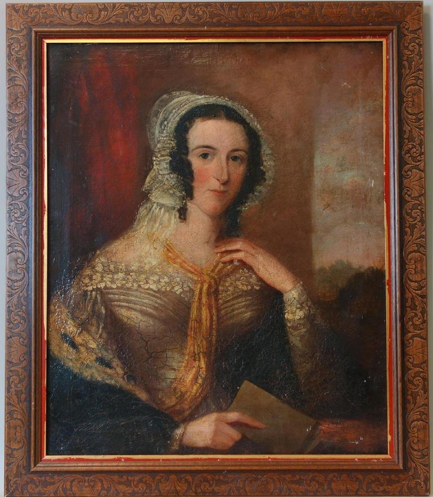 19thc Portrait of a Young Lady: Framed oil on canvas. 19th century. The portrait painting depicts a young lady wearing a gold gown and lace bonnet, reading a book. Unsigned. Measures 30" x 25". Well framed measuring 35" x 29.75". Un