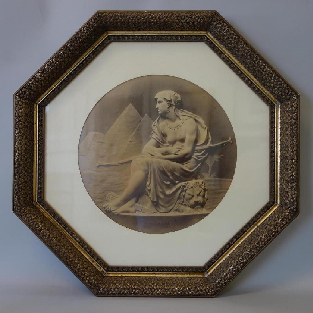 19th Lithograph Afrique in Gilt Wood Frame: An antique lithograph / photograph titled Afrique, depicting a part nude female / Diana the goddess of the hunt, resting on a lion and holding a bow, her quiver of arrows at her feet. In the backgroun