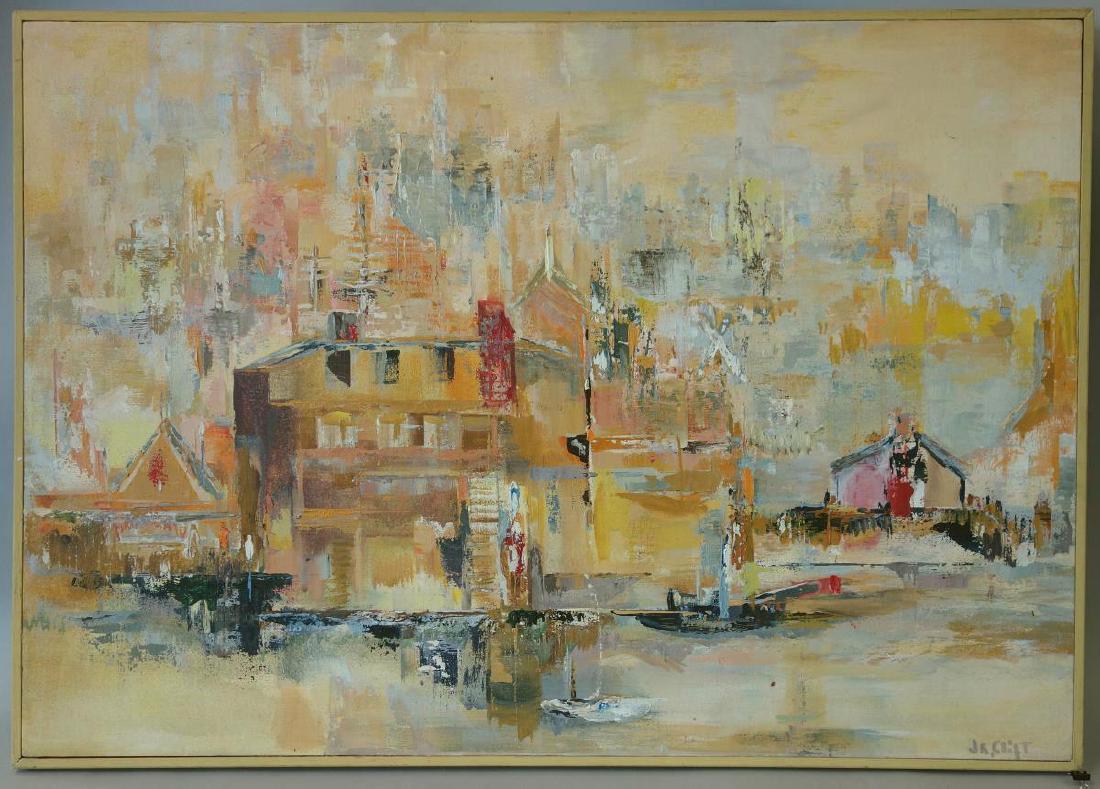 JR Clift (20thc) Abstract Oil on Canvas: Framed oil on canvas by Pacific Northwest artist J. R.Clift (20th century American). The abstract painting depicts figures and buildings in a riverside wharf setting. Label attached to stretcher ident