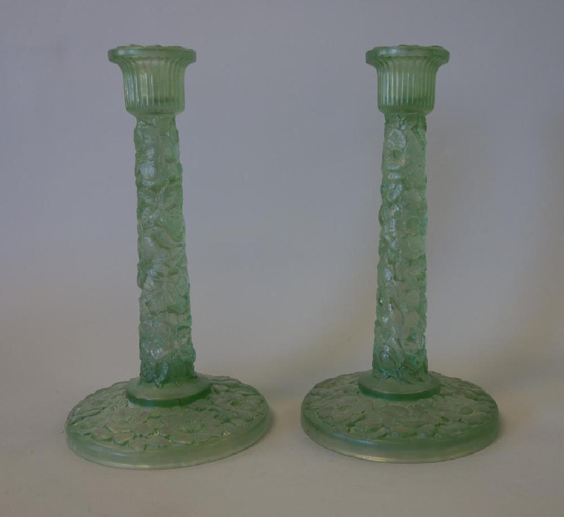 Molded Green Glass Candlesticks, Floral Motif (1 of 2)