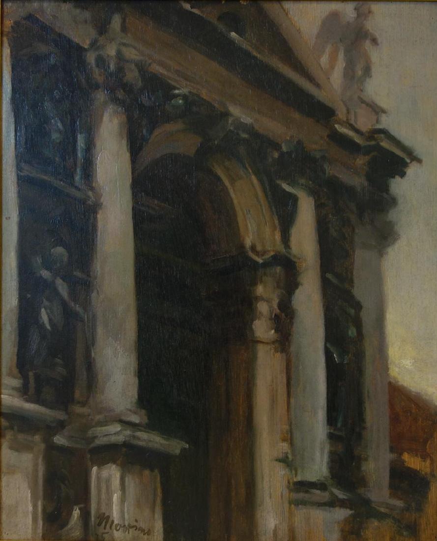 Edmund Pick-Morino (1877-1958) Portal Santa Maria: Framed oil on panel by Edmund Pick-Morino (1877-1958). The painting is titled (label attached to back of frame) Portal de Santa Maria della Salute (Venice, Italy). Signed by the artist lower left and