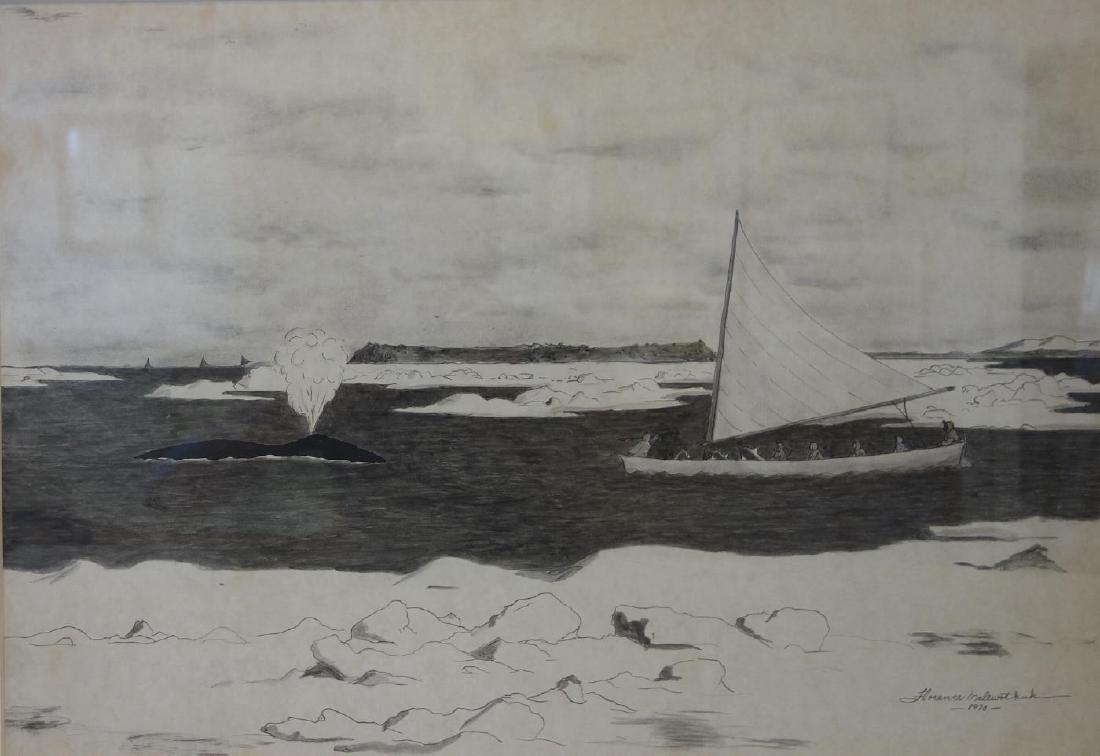 Florence Malewotkuk (1906-1971) Whale Hunt: A fine Inuit / Eskimo framed pencil, pen and ink drawing on paper by Florence Nupok Malewotkuk (1906-1971, Alaska). Depicts Arctic whale hunters in their boat pursuing a whale. Artist signed lower rig