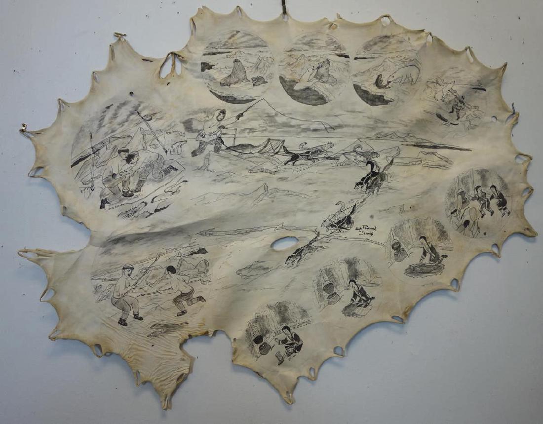 Judy Pelowook, Inuit Pen & Ink Drawing on Hide (1 of 7)