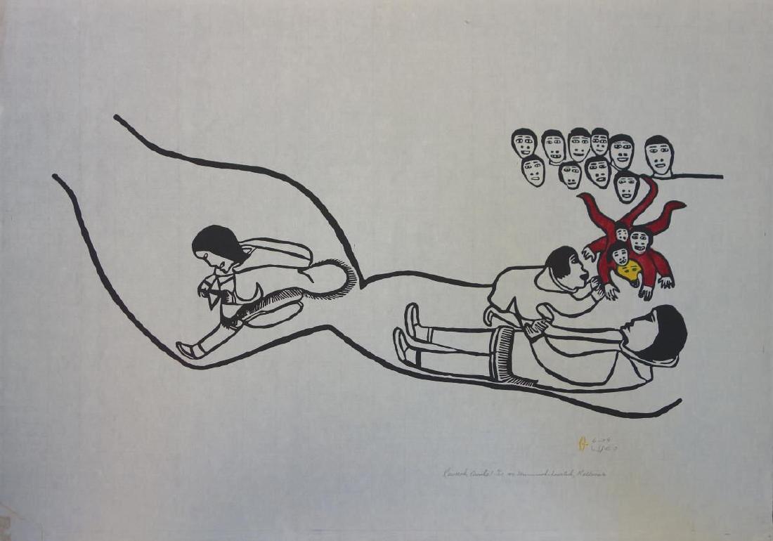 Keeveeok Awake, Inuit Stonecut, Mummookshoariuk: An Inuit stonecut on paper titled "Keeveeok, Awake", a depiction in colors of the Inuit legend of Keeveeok. Appears to be signed Mummookshoariuk, Kallooar. Edition 4 / 35, dated 1971. The paper with e