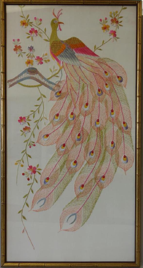 Chinese Framed Embroidered Peacock Panel (1 of 3)