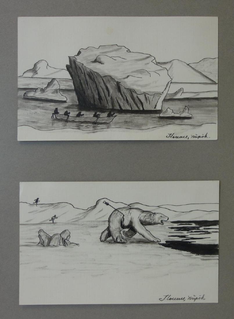 Florence Nupok Malewotkuk (1906-1971) Hunting: Two Inuit / Eskimo framed pen and ink drawings on cardboard by Florence Nupok Malewotkuk (1906-1971, Alaska). Hunting theme drawings, each within Arctic landscape settings, depicting whale hunters in 