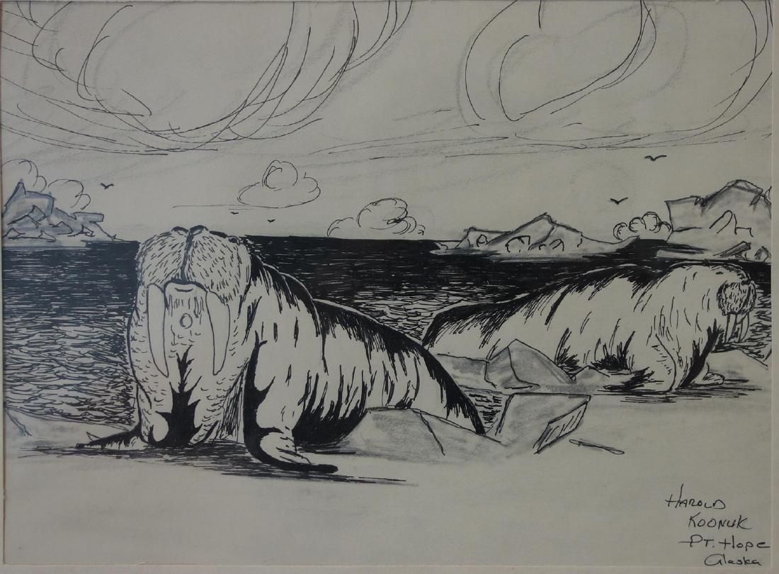 Harold Koonuk (20thc Alaska) Pen & Ink Drawing (1 of 3)