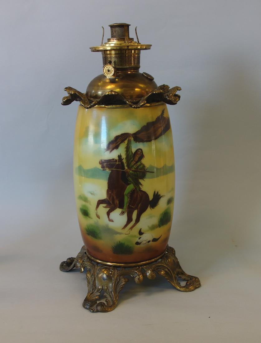 Fostoria Banquet Oil Lamp, Native American Motif (1 of 9)