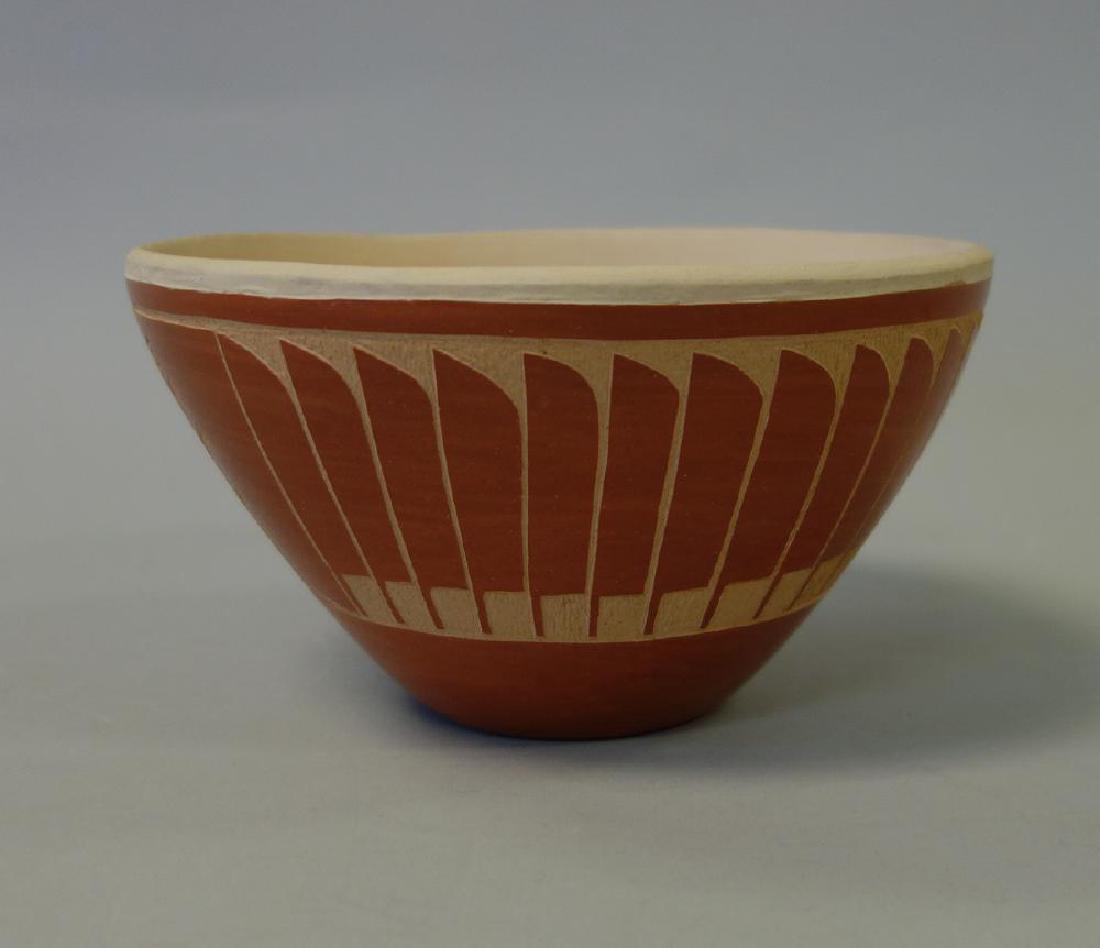 San Ildefonso Redware Pottery Bowl, Feather Motif (1 of 3)