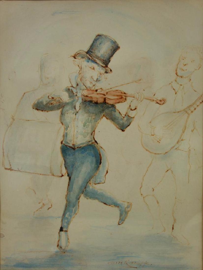 W H Ratcliffe Watercolor, The Irish Fiddle Player: Framed watercolor, signed W. H. Ratcliffe. Titled "The Irish Fiddle Player". The painting / sketch depicts a man in a top hat playing the violin / fiddle. Sight measurement, 10-1/8" x 7.5". Framed und