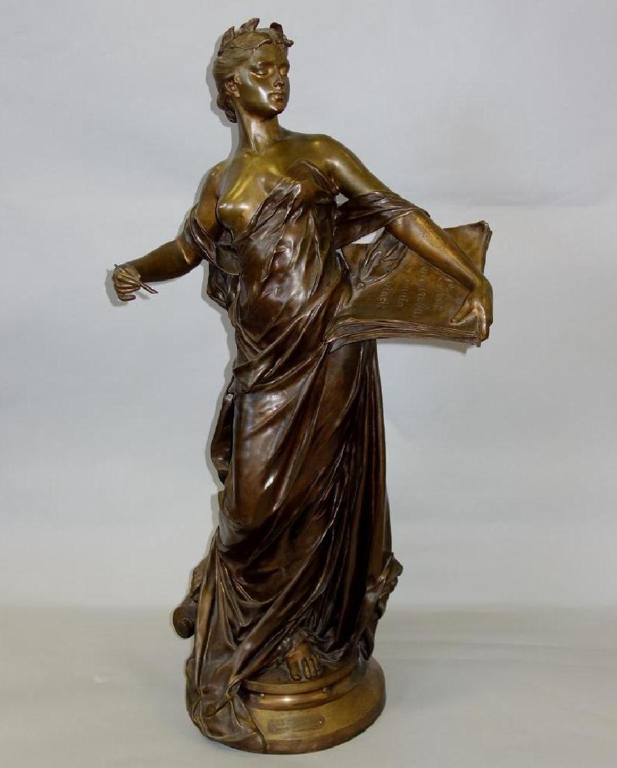 Edouard Drouot (1859-1945) Bronze, La Science: Large and exceptional Art Nouveau bronze sculpture by Edouard Drouot (1859-1945). A metal plaque on the front identifies the title as "La Science" and further reads: Par E. Drouot, Salon des Beaux Art
