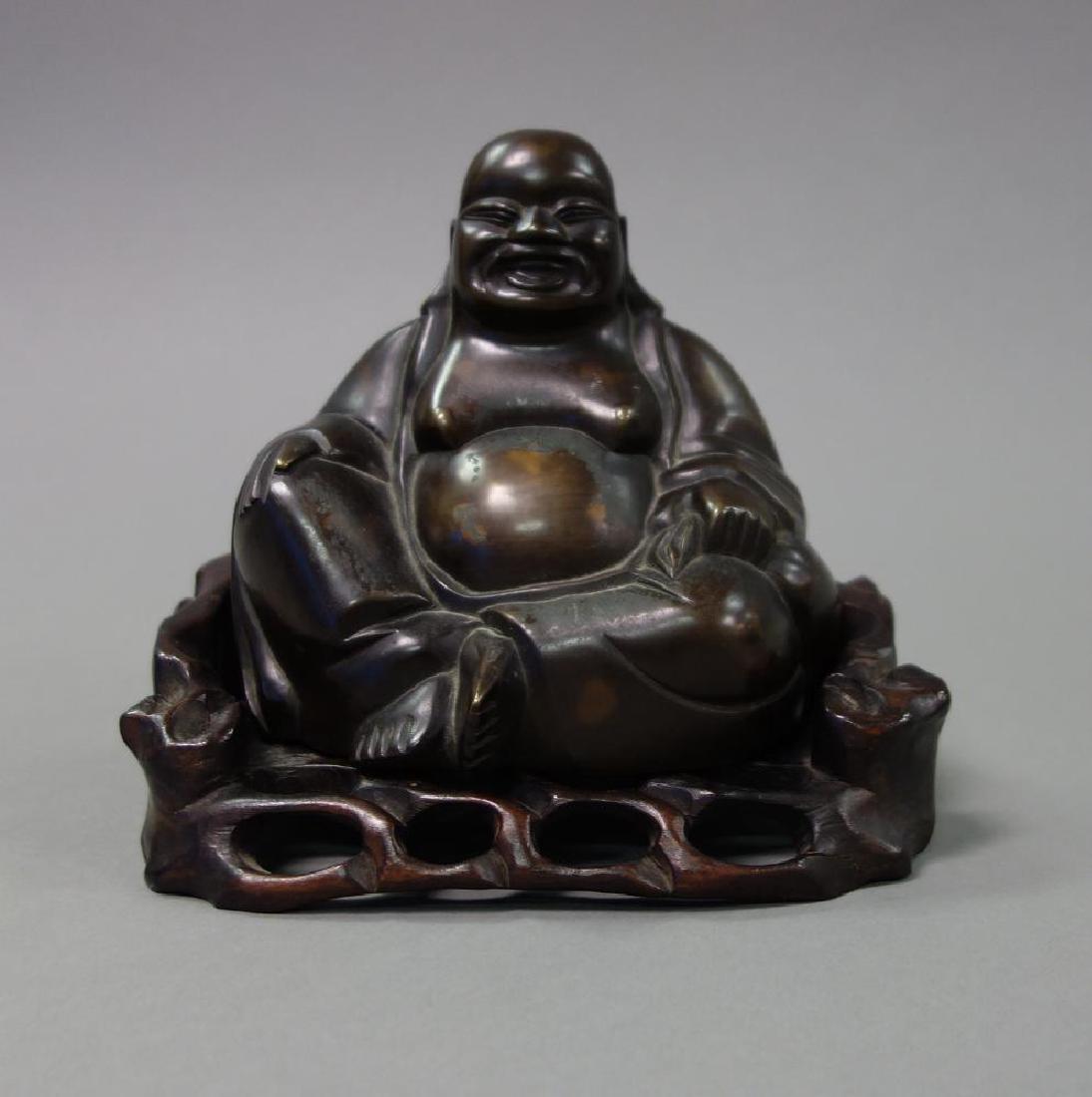 Chinese Bronze Hotei Laughing Buddha, Carved Stand (1 of 3)
