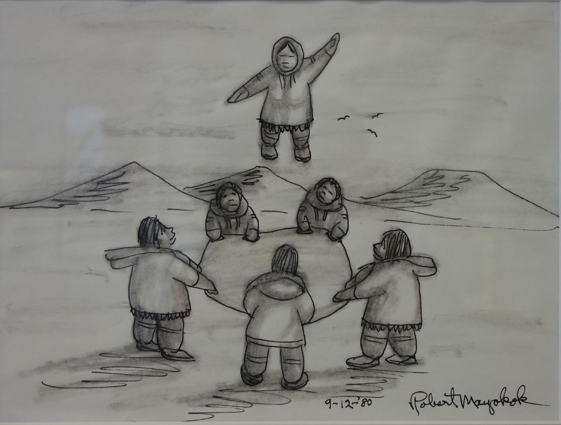 Robert Mayokok (1903-1983) Harvest Celebration: Framed pen and ink drawing by Robert Mayokok (1903-1983). The drawing depicts Inuit figures tossing a blanket dancer into the air on a walrus skin, similar to a trampoline, in celebration of a whale h