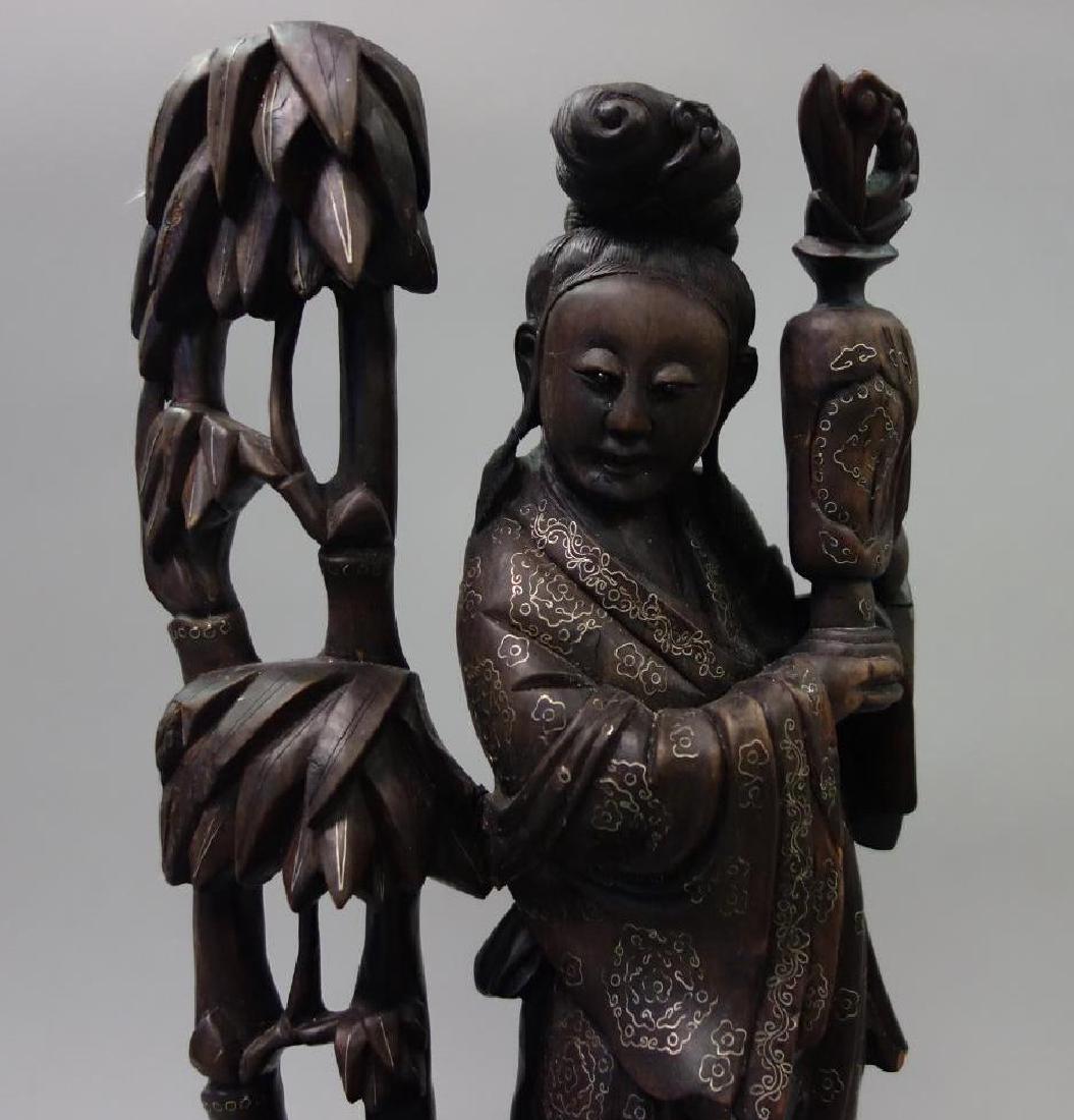 Chinese Wood & Silver Inlaid Guanyin Sculpture (1 of 5)