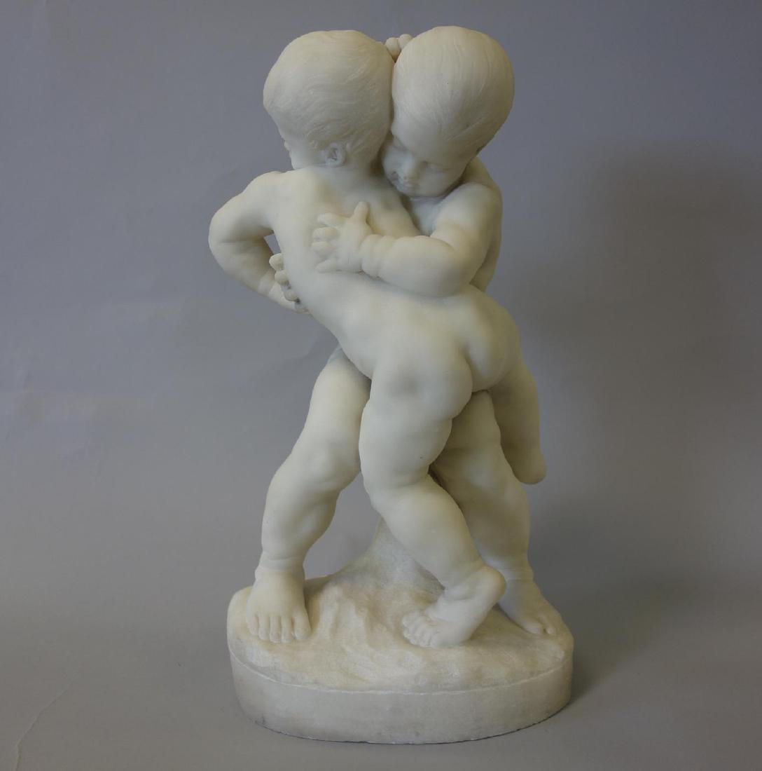 Alfred Boucher (1850-1934) Children Wrestling: Alfred Boucher (1850-1934, France) Carved alabaster / stone sculpture depicting two nude boys / young males wrestling, "Enfants Luttant". Signed on the base, A. Boucher and dated 1892. Measures 19.25"