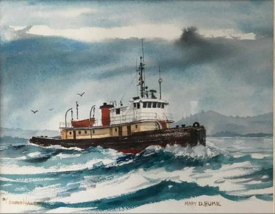 Ejnar Hansen (1884-1965) The Mary D Hume: Framed watercolor by Ejnar Hansen (1884-1965) California and Denmark). The painting is titled Mary D. Hume and depicts the famous Oregon tugboat at sea. Artist signed lower left. Measures 10-3/8"