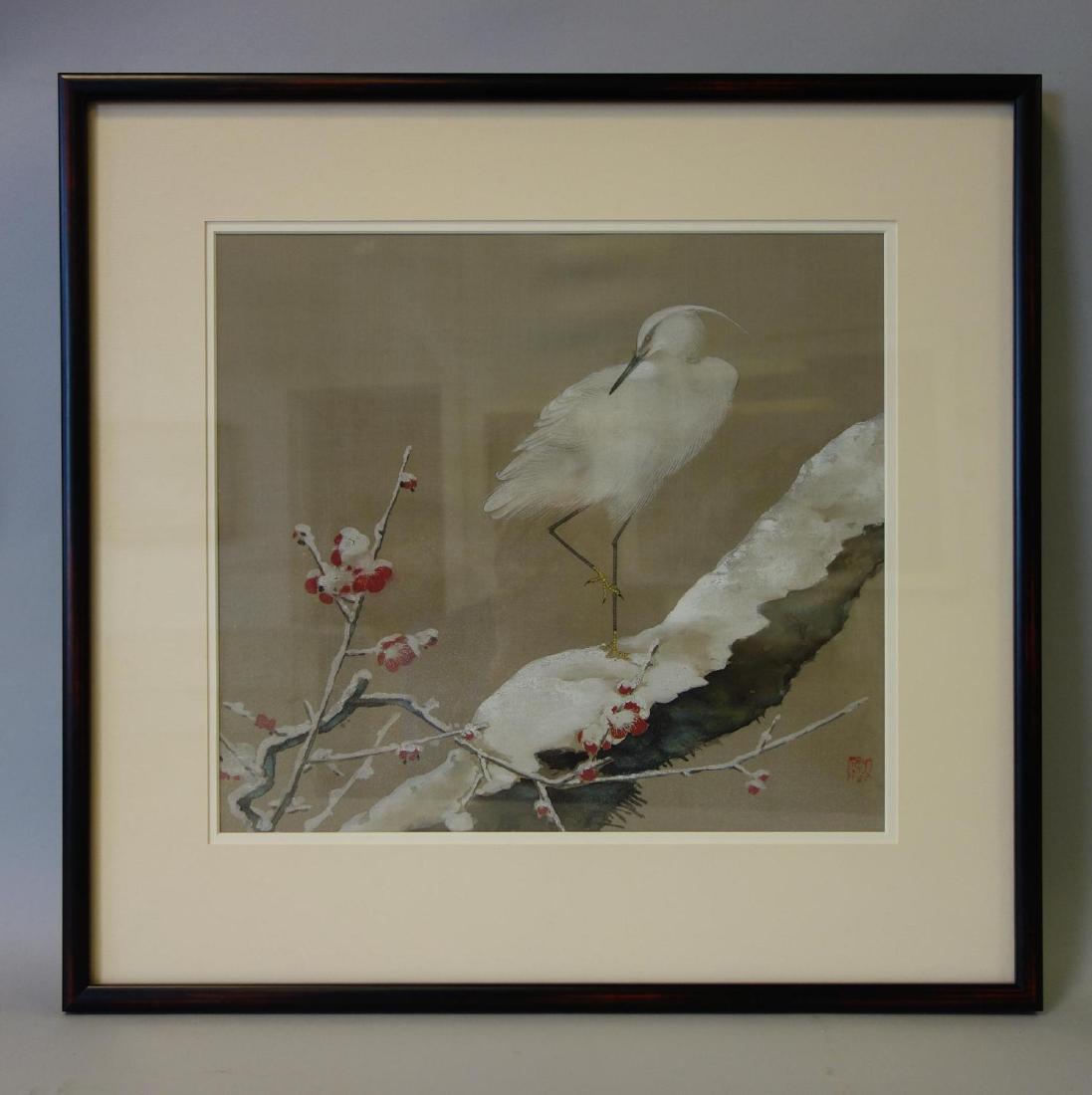 Yodo Miyata (20thc Japan) Red Nandina in Snow: Framed watercolor and gouache by Yodo Miyata (20thc Tokyo, Japan). From the Bird and Flower Series. Titled Red Nandina in Snow. Depicts a white egret perched on snow covered red nandina. Signed lower 