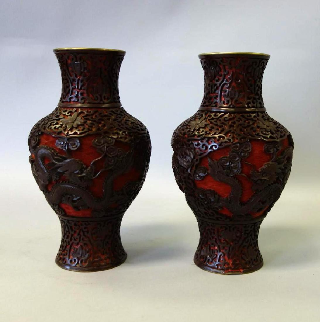 Chinese Red & Brown Cinnabar Vases, Mirrored Pair (1 of 3)