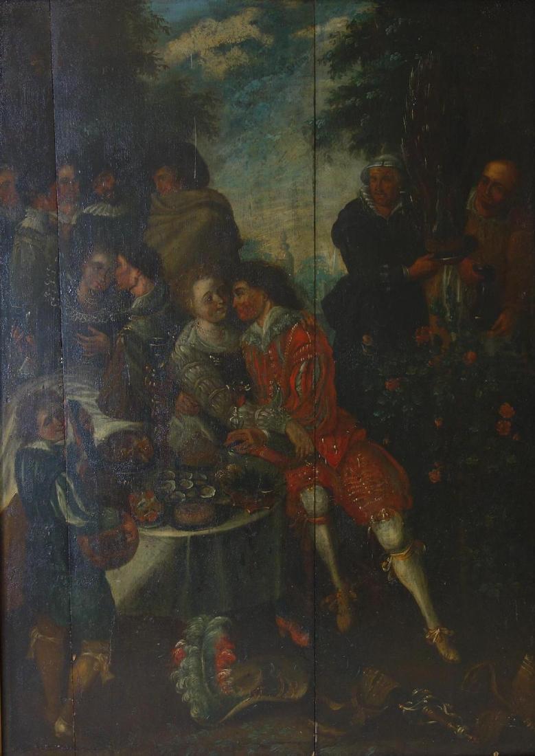 18thc Continental School, Bacchanalian Scene: Framed oil on wood panel, 18th century, Continental School. The painting depicts a bacchanalian scene of men and women engaged in revelry of wine, food (a plate of oysters is shown) and cavorting. Uns