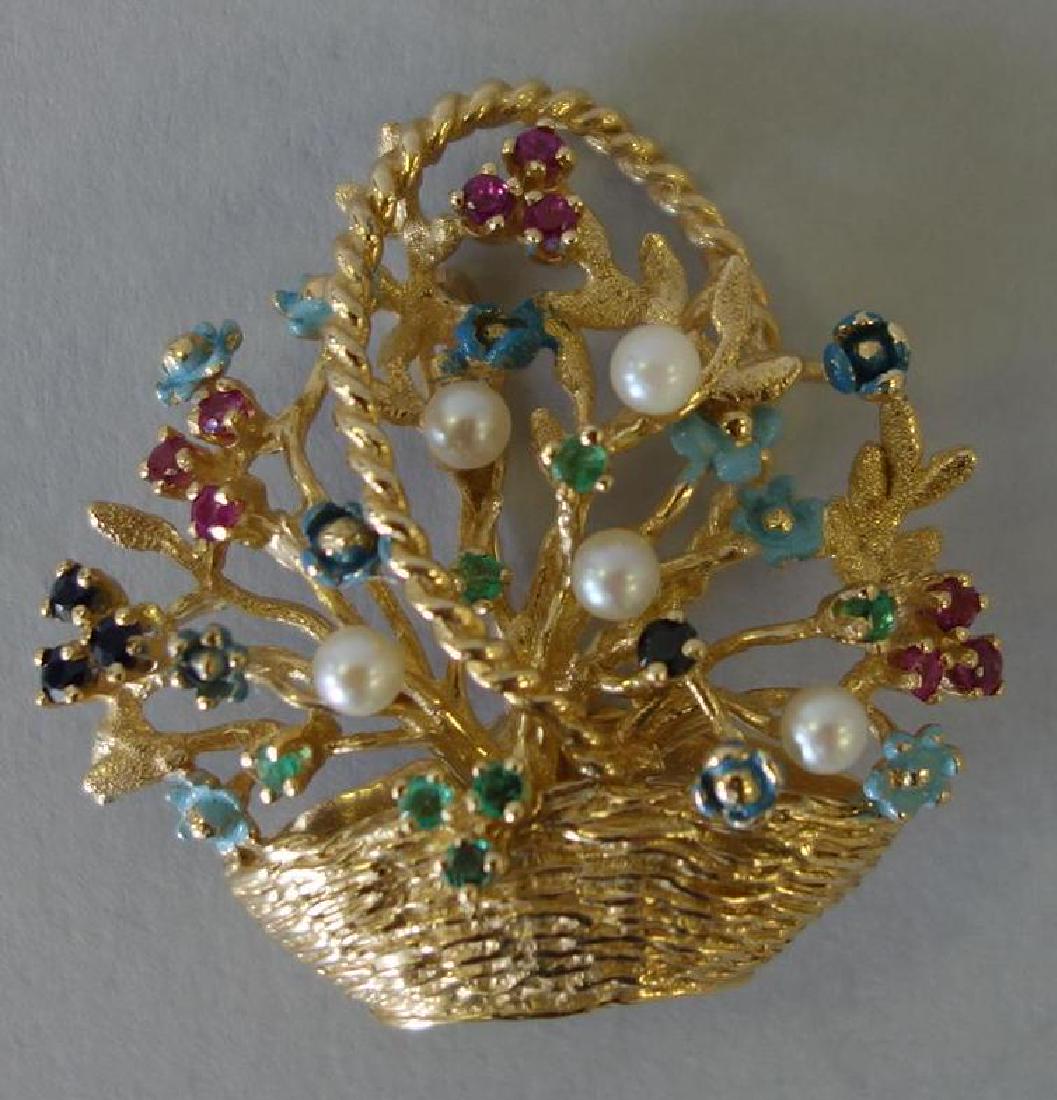 14K Gold Flower Basket & Gemstone Brooch