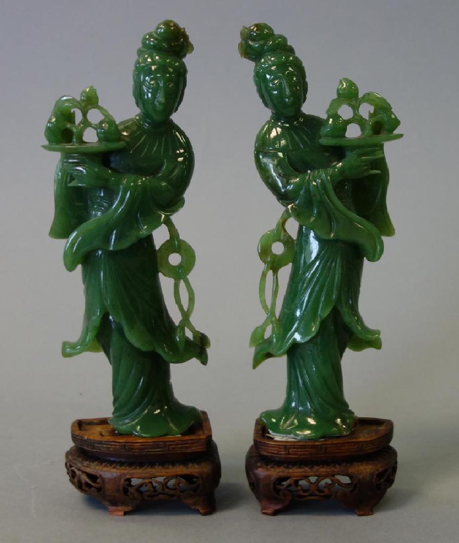 Chinese Carved Spinach Jade Guanyins, Pair