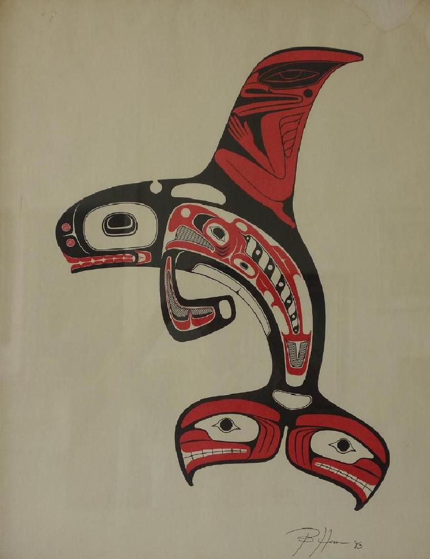 Barry Herem (b-1941, Washington) Orca Whale: Framed serigraph by Pacific Northwest artist Barry Herem (b-1941, Washington. Depicts Northwest Coast orca whale motif. Artist signed and dated 83. Framed under glass measuring 29.75" x 23.75". CONDIT