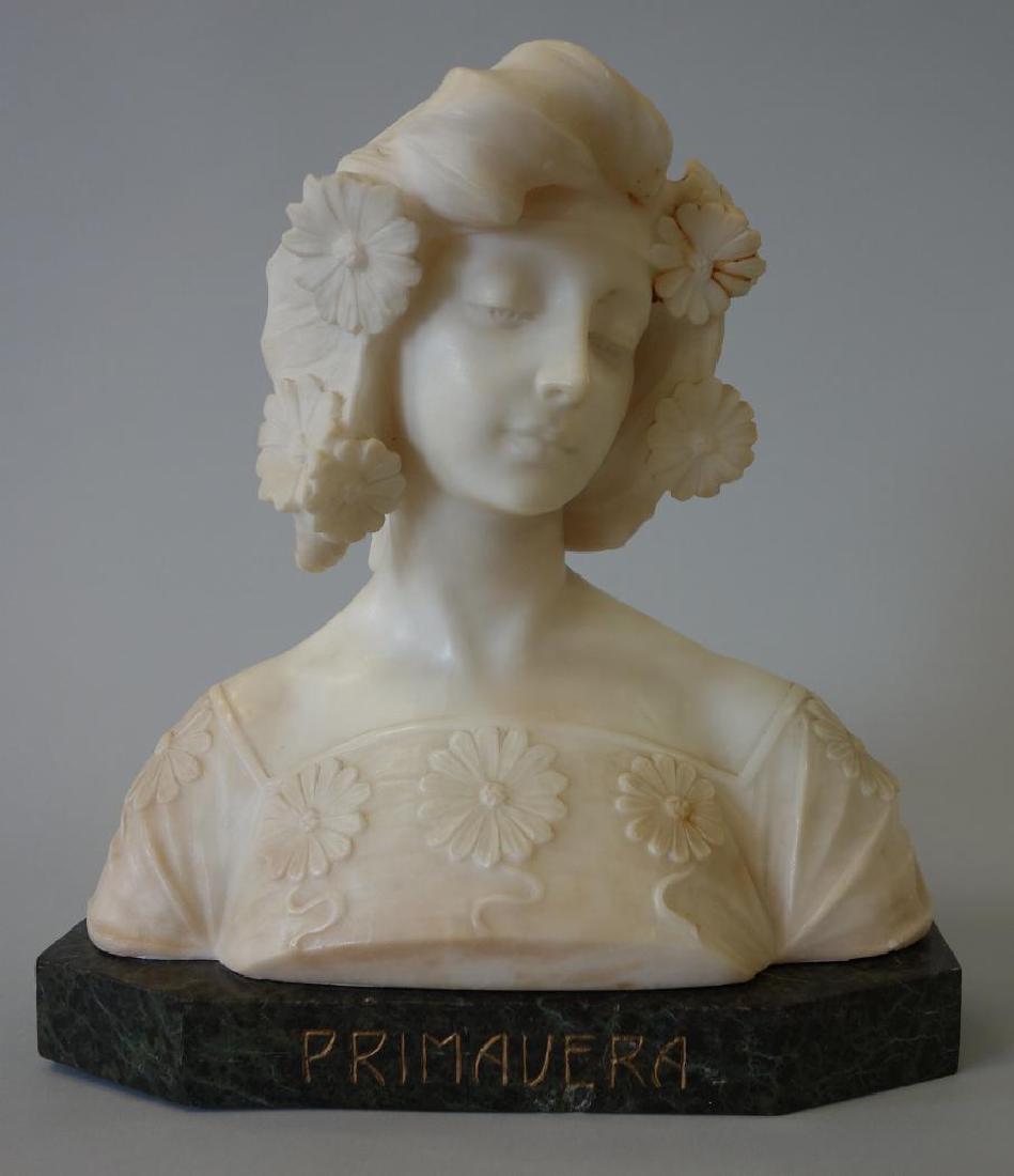 19thc Art Nouveau Marble Sculpture, Primavera: A fine Italian Art Nouveau carved carrara marble sculpture of a young woman. Late 19th century. The title "Primavera" (Italian translation, Spring) is etched in gold enamel on the green marble base. T