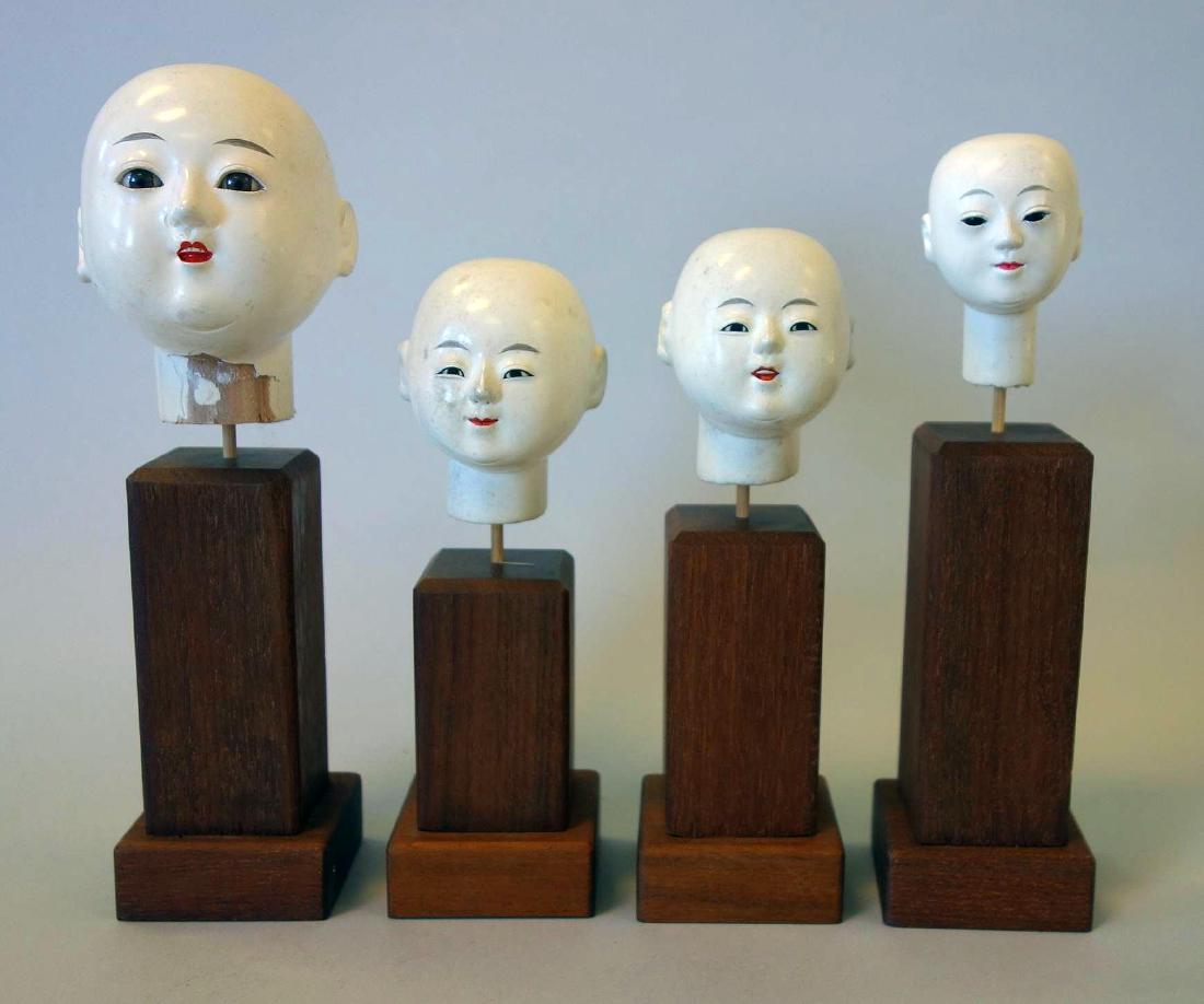 4 Japanese Doll's Heads, Wood & Gofun Lacquer (1 of 4)