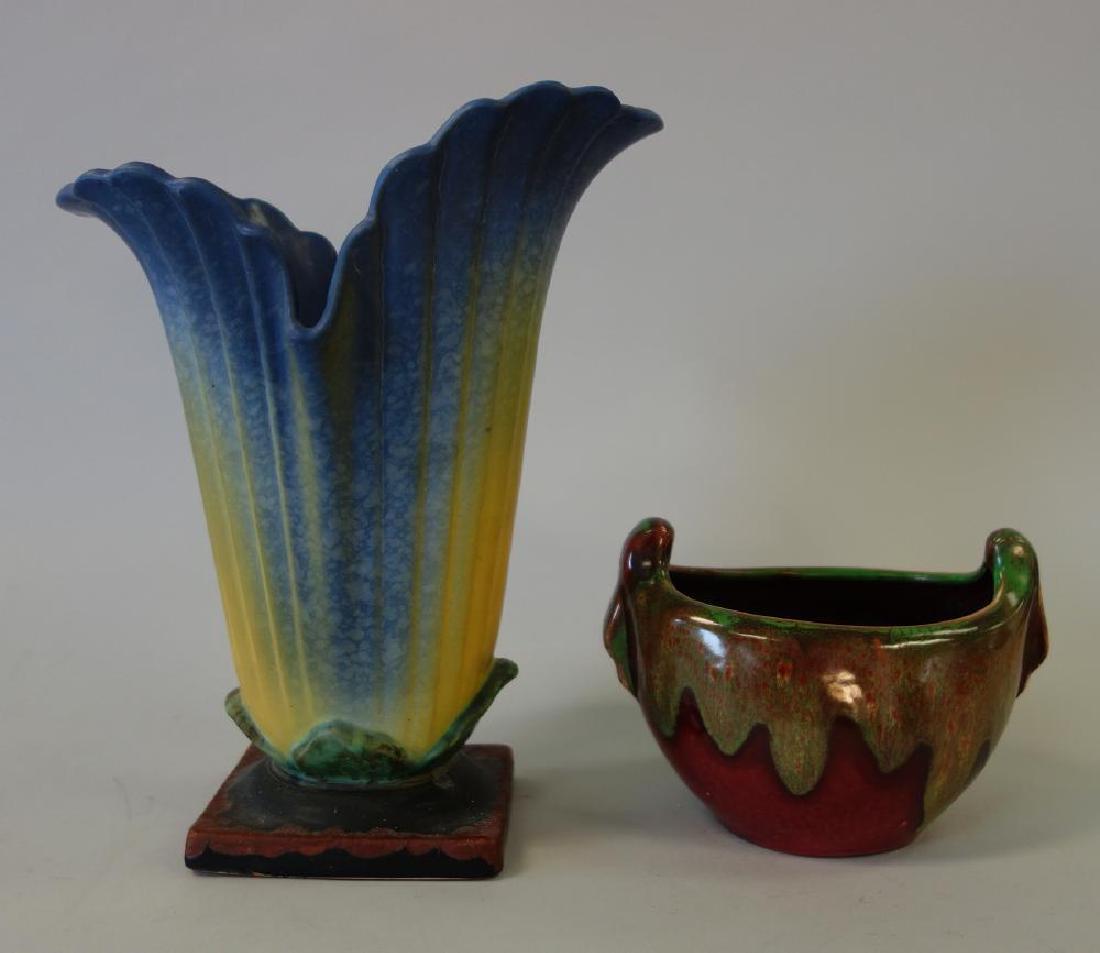 2 Weller Art Pottery Vases, Ribbed & Flambe Drip (1 of 7)