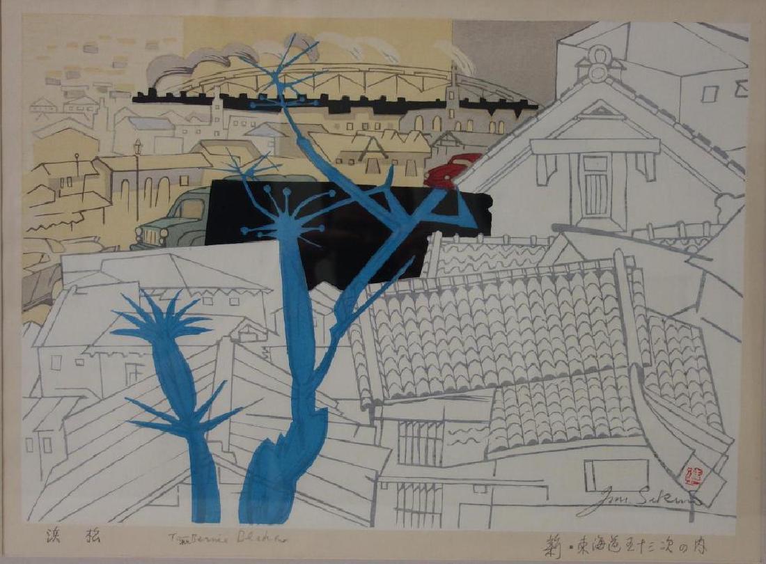Junichiro Sekino (1914-1988) Hamamatsu: Framed woodblock by Jun'ichiro Sekino (1914-1988). Titled "Hamamatsu". Artist signed, sealed and titled. Image size 12.75" x 18". Sheet sight measurement 14" x 19". Well framed and matted under glass,