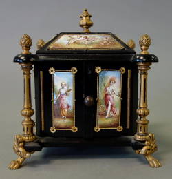 Austrian Enamel & Ebonized Wood Miniature Cabinet