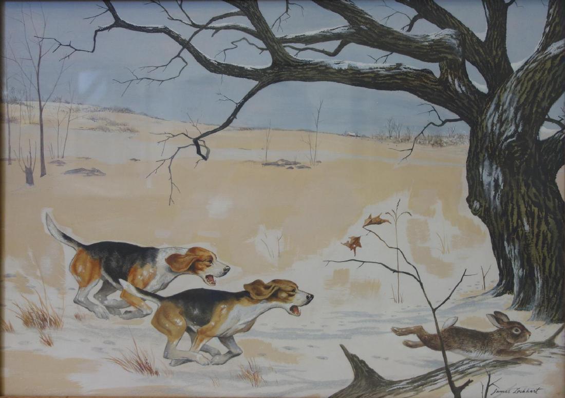 James Leland Lockhart (1912-2005) The Hunt: James Leland Lockhart (1912-2005, Illinois and Missouri). The illustrative watercolor landscape painting depicts beagles / hound dogs in pursuit of a rabbit. A farm is seen in the distance. Artist sig