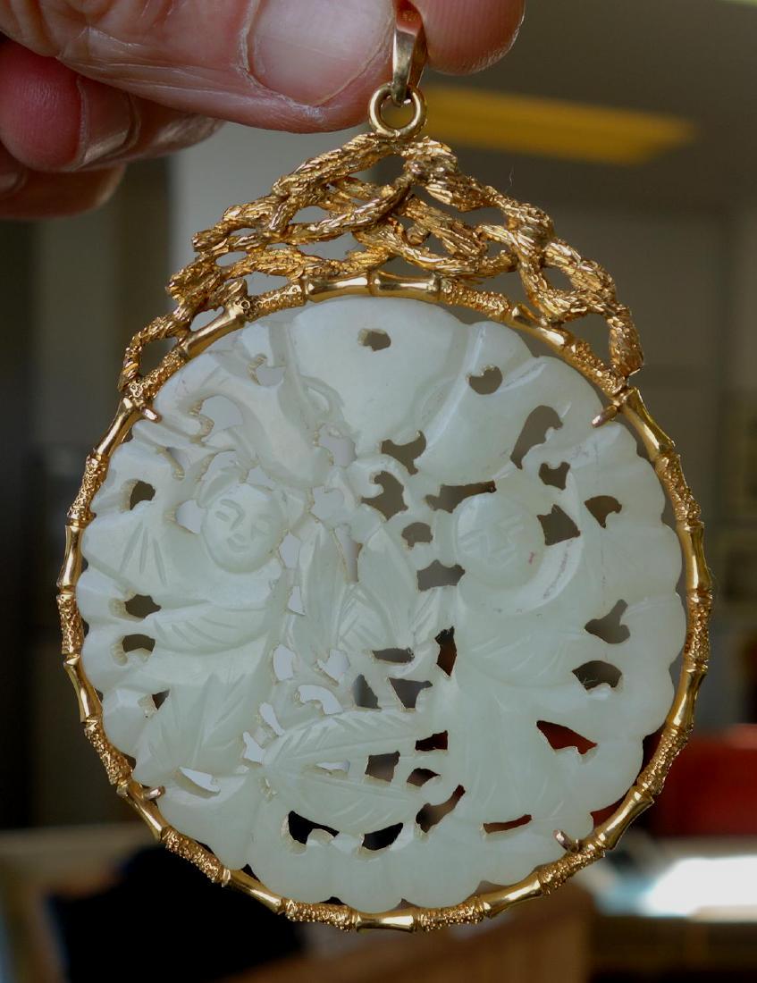 Chinese Carved Hardstone Plaque 14K Gold Pendant (1 of 1)
