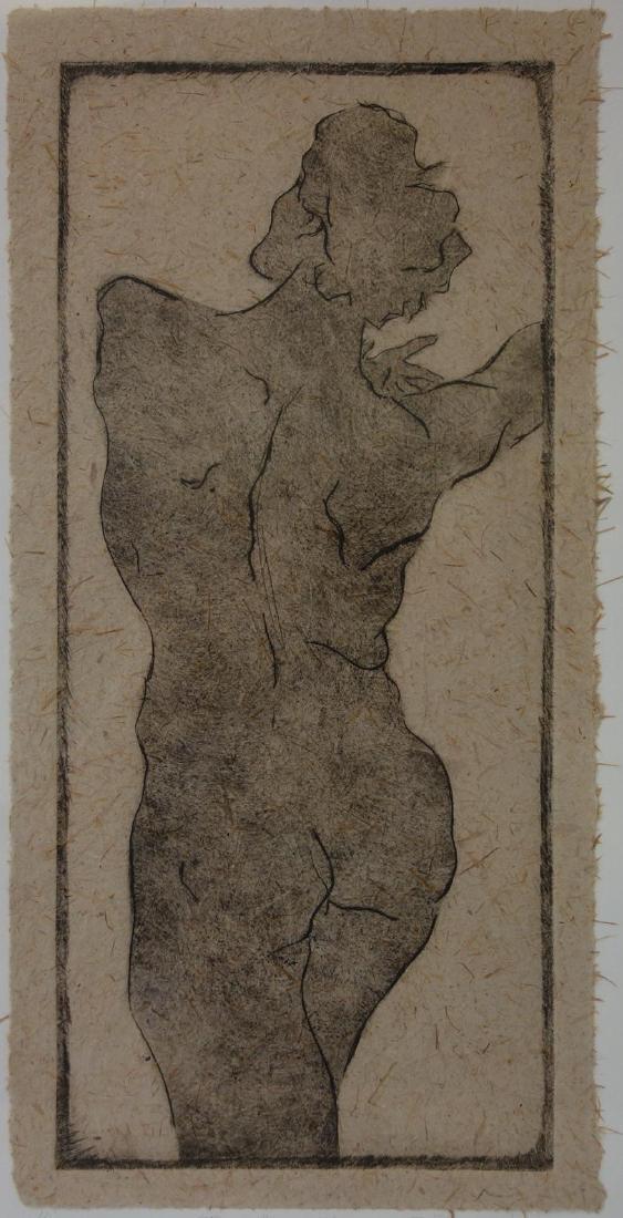Male Nude "David" by B. Pennington: Framed woodcut of a male nude. Artist signed in pencil, B. Pennington, Titled: David, dated 90 (1990). Edition 1 / 5. Sheet measurement, 13.5" x 6.5". Well framed and matted, 18.25" x 14.25" x 1.5" de