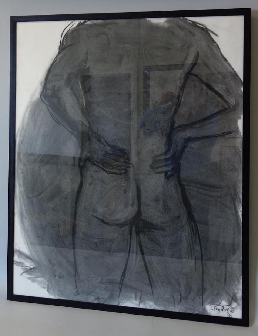 Male Nude by Libby Hill, Charcoal Drawing, 1995: Framed charcoal drawing by Libby Hill (20th-21stc, WA). Titled "Silent One". Depicts a male nude figure. Artist signed lower left and dated 95. Measures 39.5" x 31.5". Framed under glass, 41.5" x 33.5