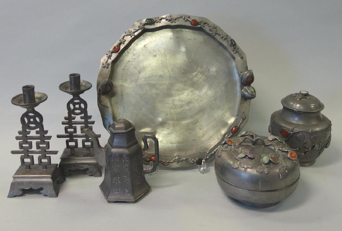 Chinese Pewter, Tray, Box, Tea Caddy, Teapot, + (1 of 3)