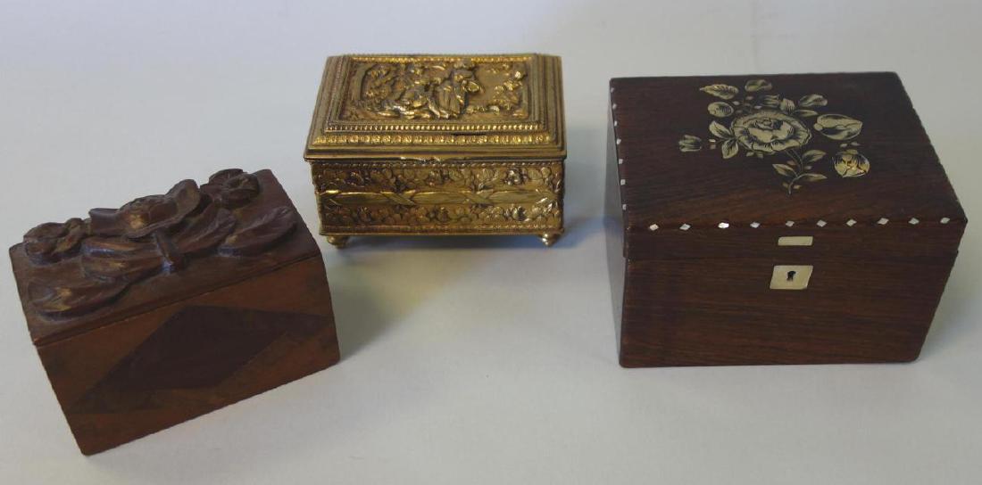 3 Brass & Wood Boxes, Mother of Pearl, Carved + (1 of 8)
