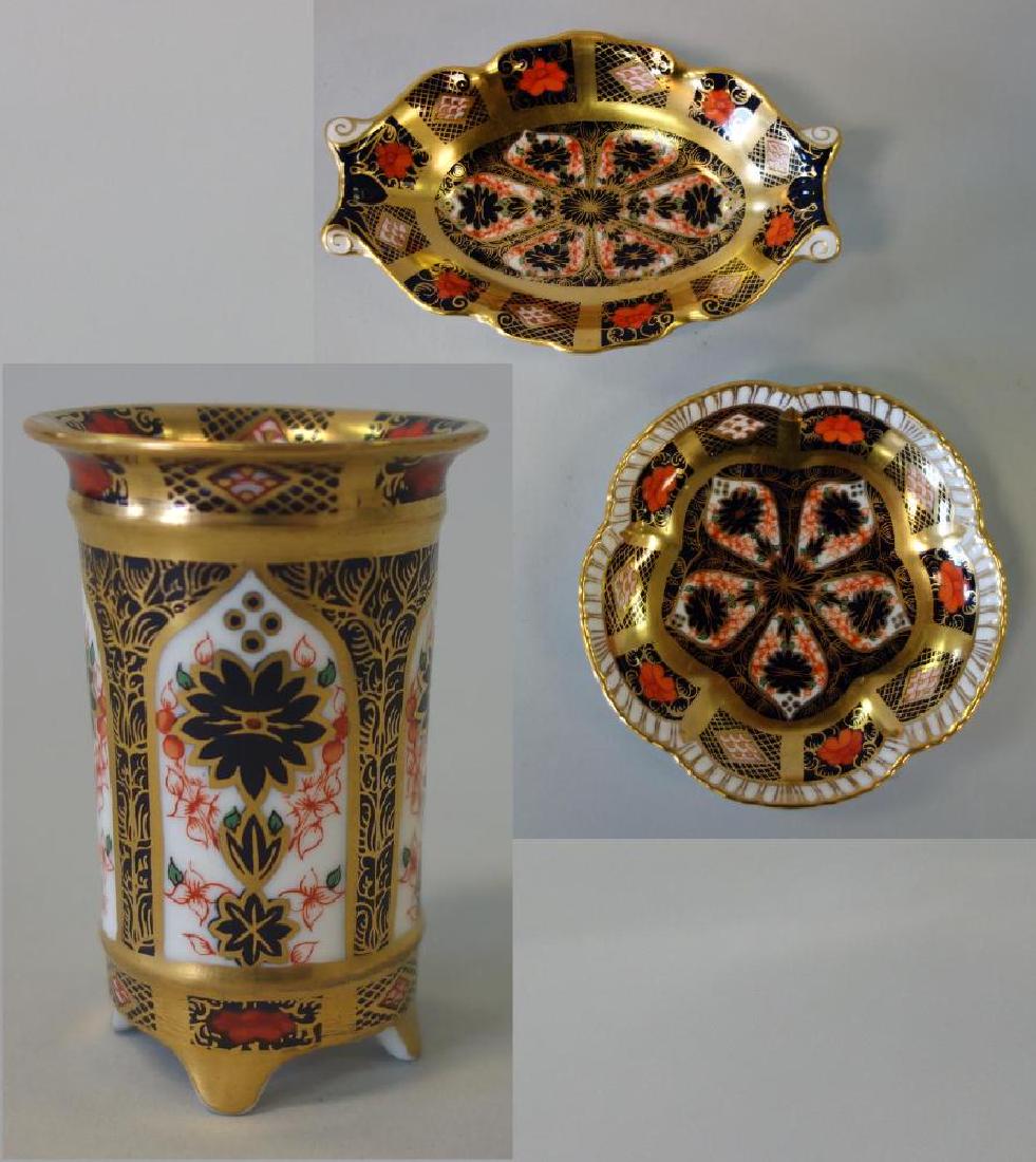 Royal Crown Derby, Toothpick Holder + 2 Dishes: Royal Crown Derby English bone china in the Old Imari pattern. Comprised of a toothpick holder, 2.5" high, lobed dish / pin tray, 4.5" diameter and an oval / oblong dish, 5.5" long, 3.25" deep, 1" hig