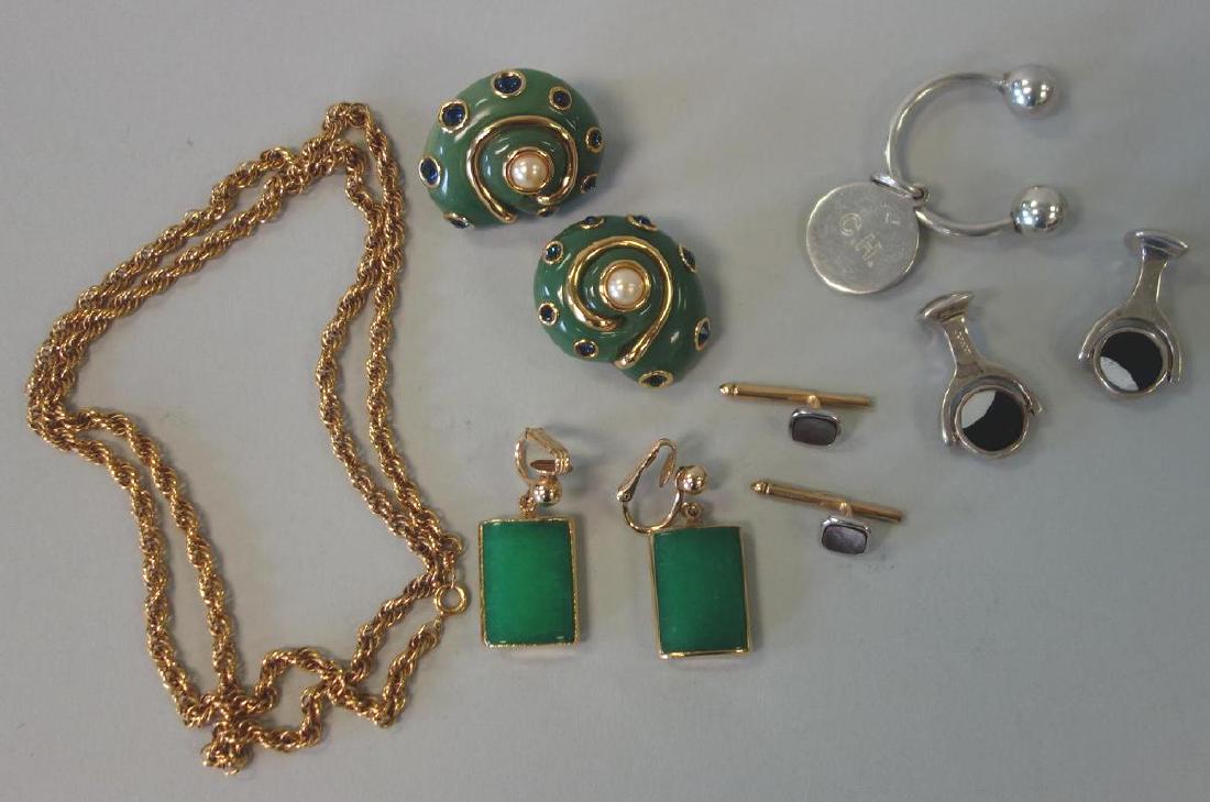 Gold & Sterling Jewelry, Tiffany + Kenneth Lane +: A miscellaneous group of jewelry. Comprised of a gold filled rope twist chain necklace, stamped 1/20 12K. Together with a pair of gold filled and faux emerald green earrings, stamped 1/20 14K, a pair 