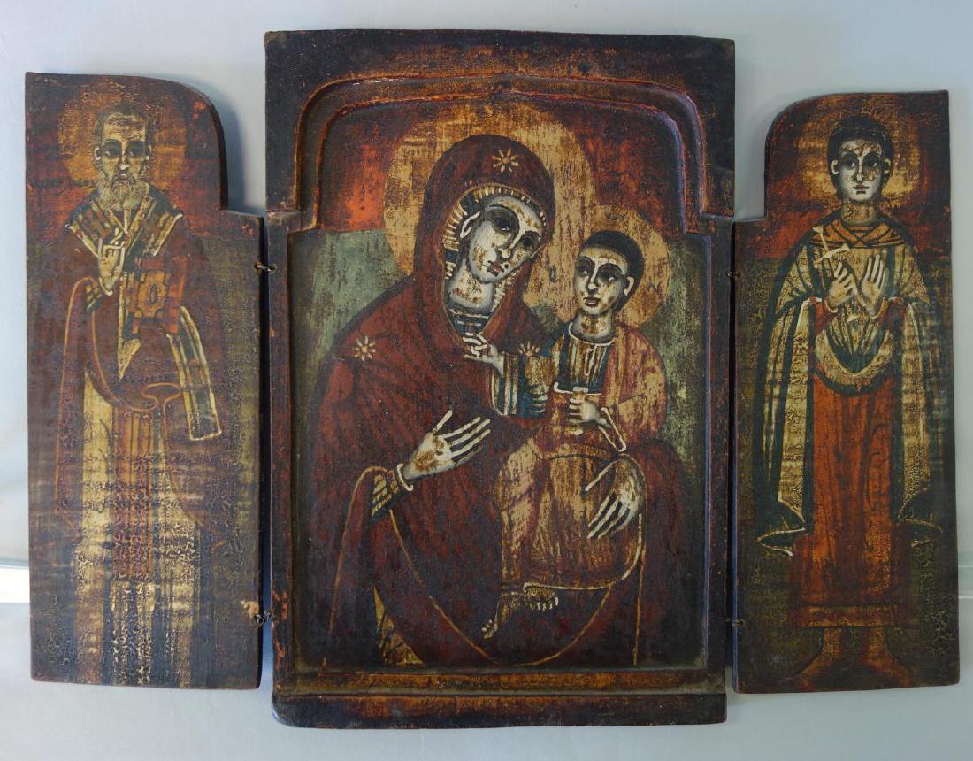 19thc Greek Triptych Icon, Virgin Hodegetria: A 19th century Greek triptych folding Icon. The Virgin Hodegetria (The Wayshower, one who shows the way). Tempera on wood panel. The central panel depicts the Mother of God holding Christ in her left 