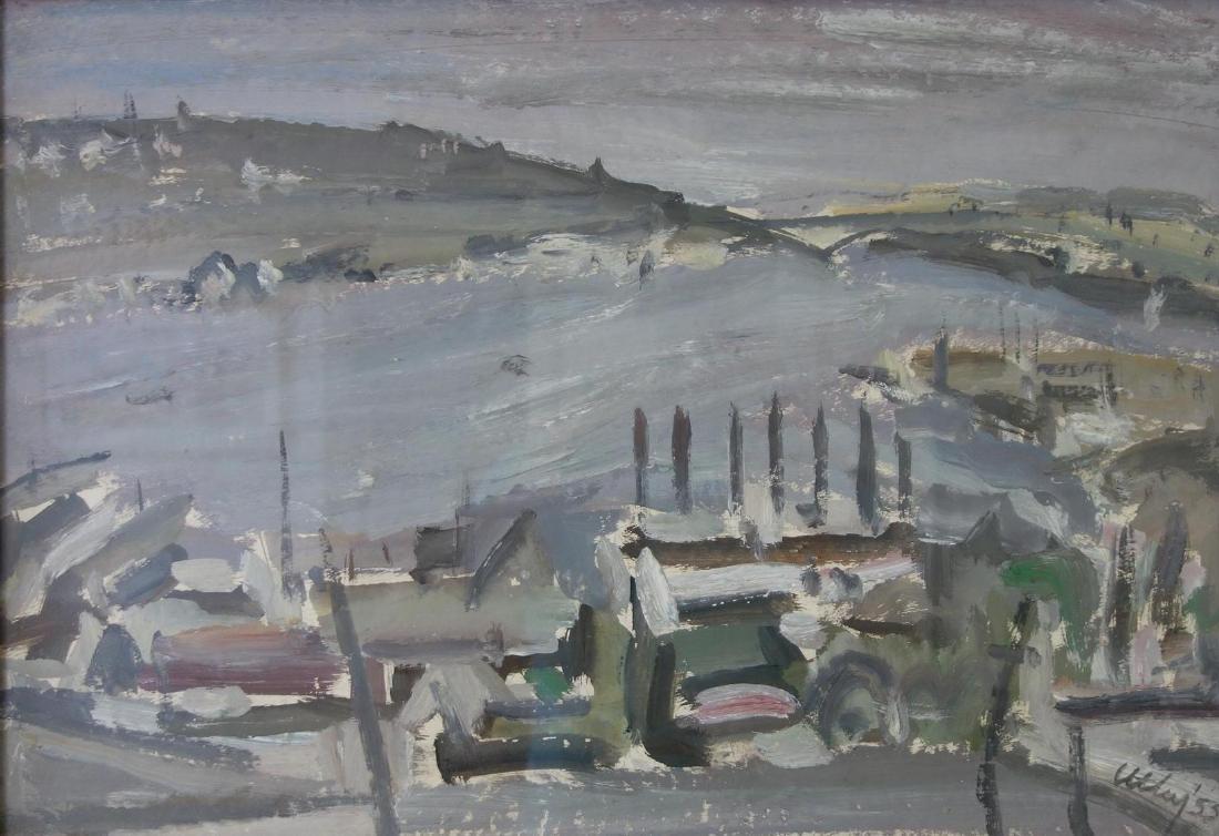 Windsor Utley (1920-1989) Lake Union: Framed temper on paper by Pacific Northwest artist Windsor Utley (1920-1989, Washington / California). The abstract expressionist painting is titled "Lake Union". Artist signed lower right and dated 5