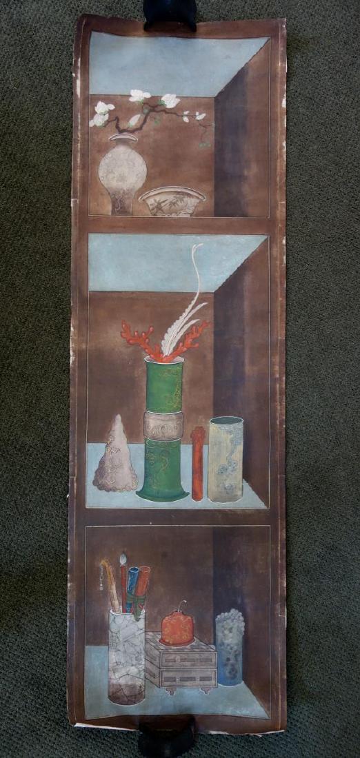 19thc Korean Scholar's Scroll Painting: A Korean Scholar's scroll panel painting of natural pigments. Late 19th century Choson / Joseon Dynasty. The painting on fabric-like paper depicts a composition of scholarly items; brushes, brush pot,