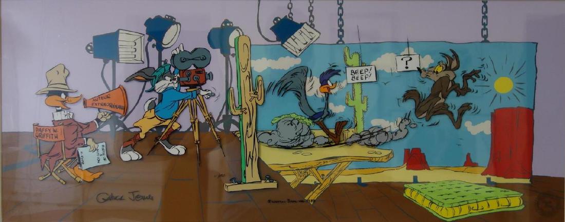 Chuck Jones Daffy W. Griffith Animation Cel: A large Chuck Jones (1912-2002) Daffy Duck limited edition cel. Signed. Depicts Daffy Duck as Daffy W. Griffith in a director's chair, Bugs Bunny is behind the camera and Road Runner and Wile E. Coyot