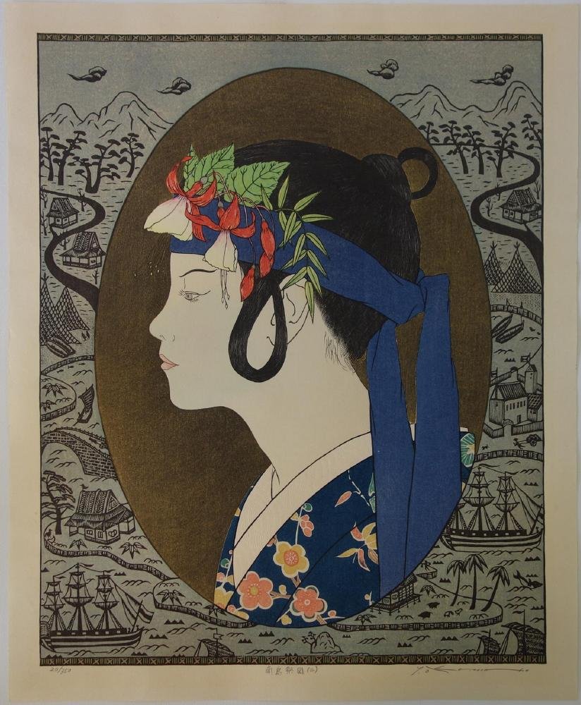 Yoshimi Okamoto (b-1950) Woodblock: Yoshimi Okamoto (b-1950) Japanese woodblock in colors, depicting a young female in traditional headdress and kimono. Artist signed, tilted and numbered. Sheet size, 19" x 15.5". Unframed.