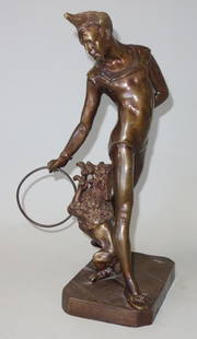 George de Chemellier, Get Up / The Poodle Trainer: George de Chemellier (French 1835-1907). Bronze sculpture "Get up". Modeled to depict a circus trainer with a performing poodle / The Poodle Trainer. Unsigned. Measures 15.25" high, 7-1/8" wide x 5" d